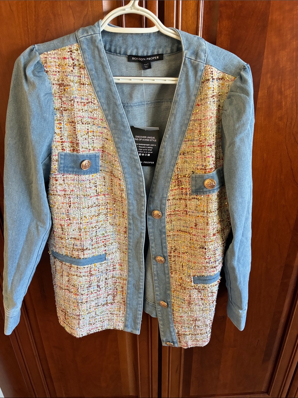 Boston Proper Light Blue Denim & Multicolor Tweed Blazer